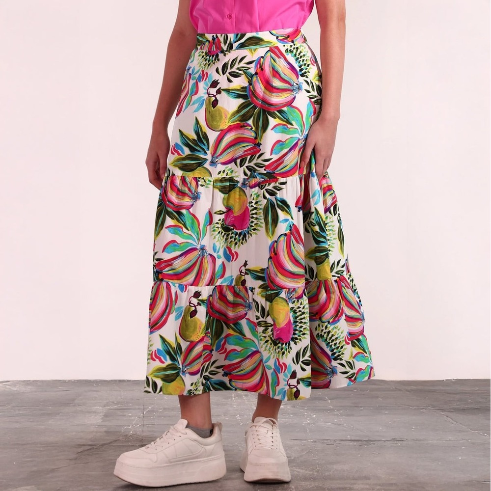 Maude Vivante Ada Skirt Banana Pops Tropical Fruit Tiered Cotton Maxi Skirt Sz M